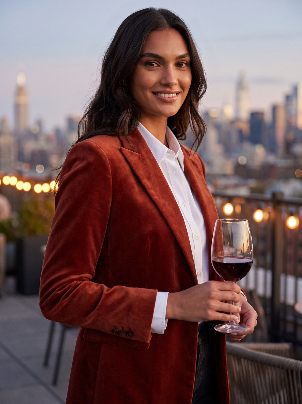Model wearing brick red velvet blazer in the evening, lifestyle