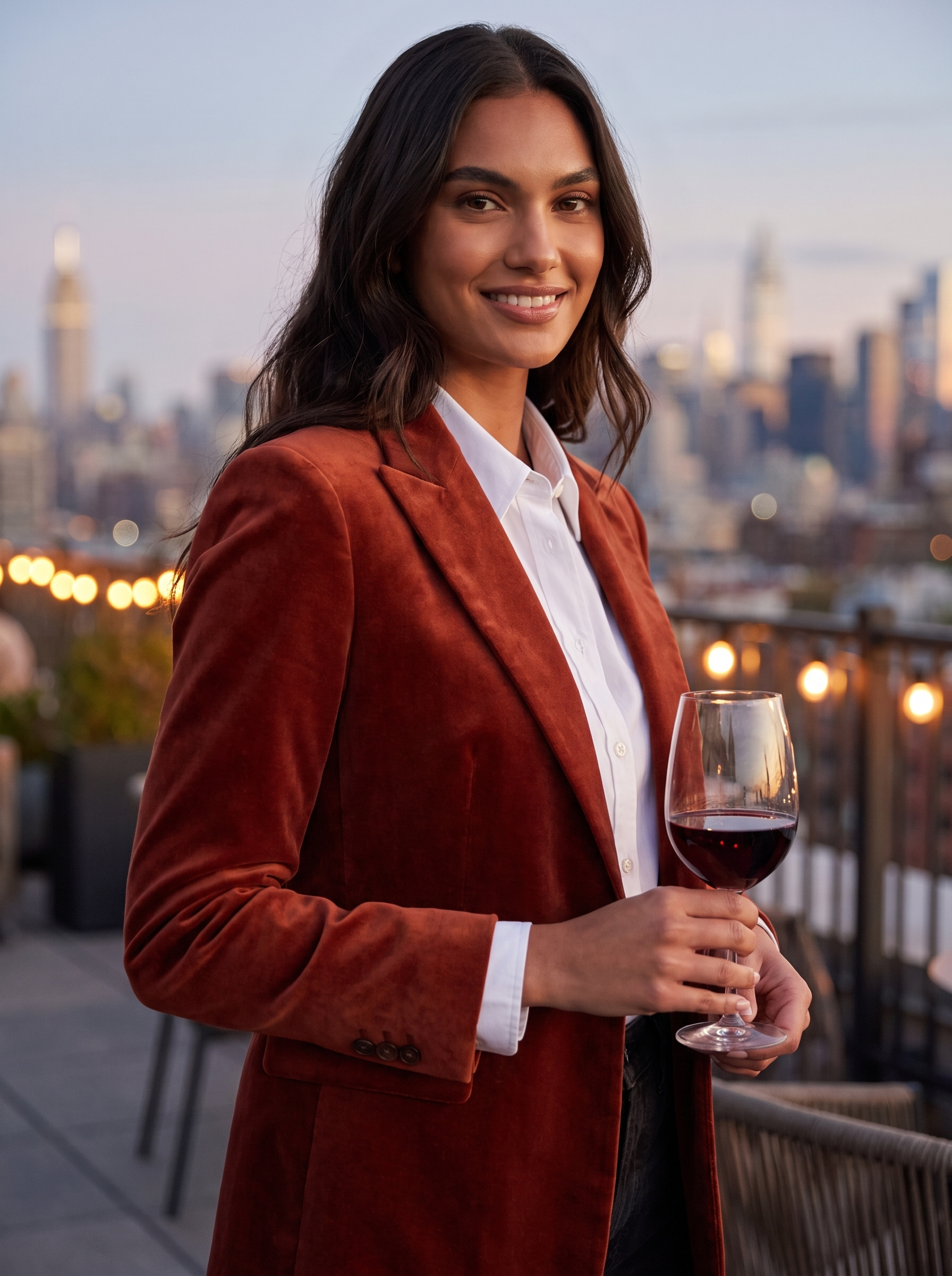 Model wearing brick red velvet blazer in the evening, lifestyle