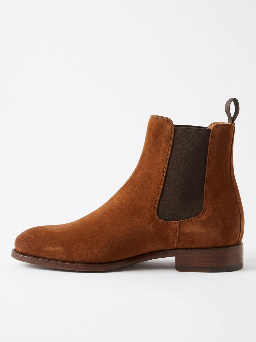 Suede Chelsea boot, side profile on white background