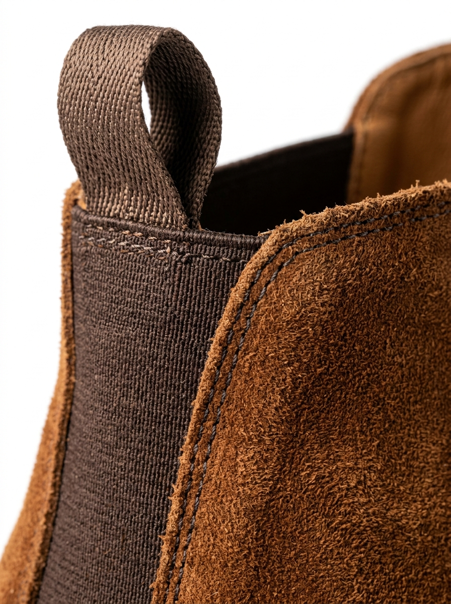 Chelsea boot elastic side gore and suede texture close up