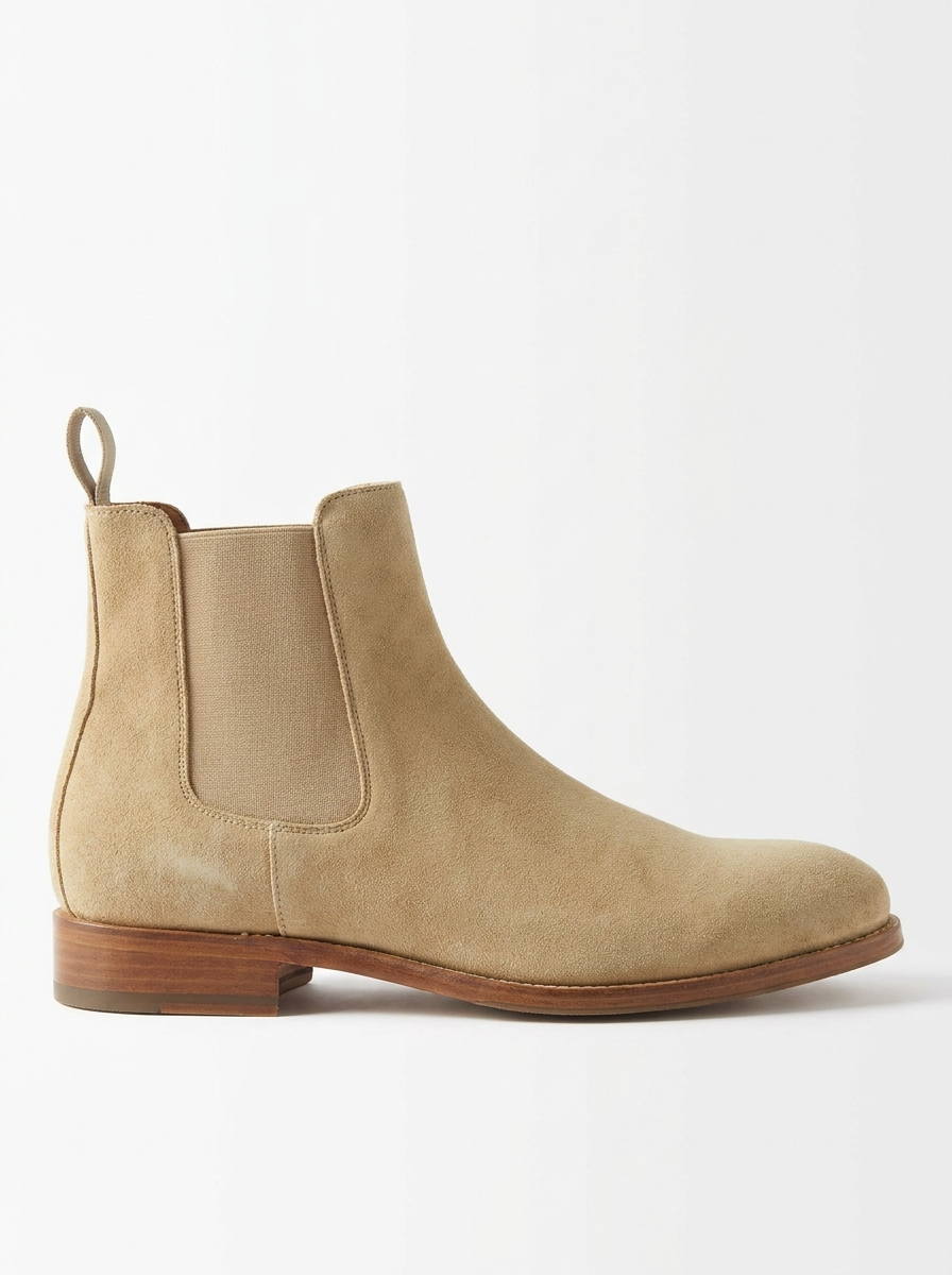 Tan suede Chelsea boot, side profile on white background