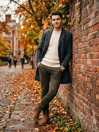 Model wearing brown suede Chelsea boots with chinos and an overcoat