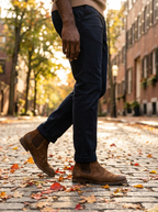Brown suede Chelsea boots styled with navy chinos on a cobblestone sidewalk