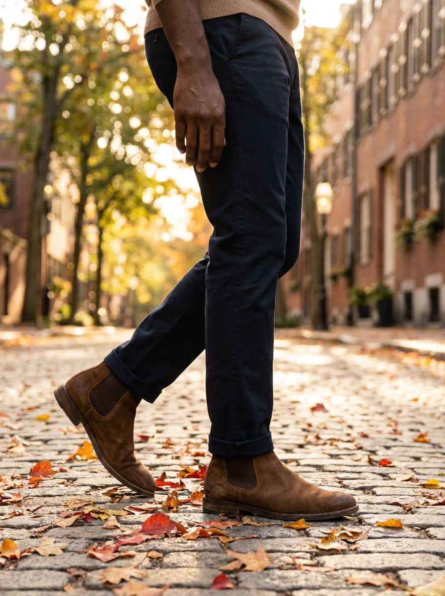 Brown suede Chelsea boots styled with navy chinos on a cobblestone sidewalk