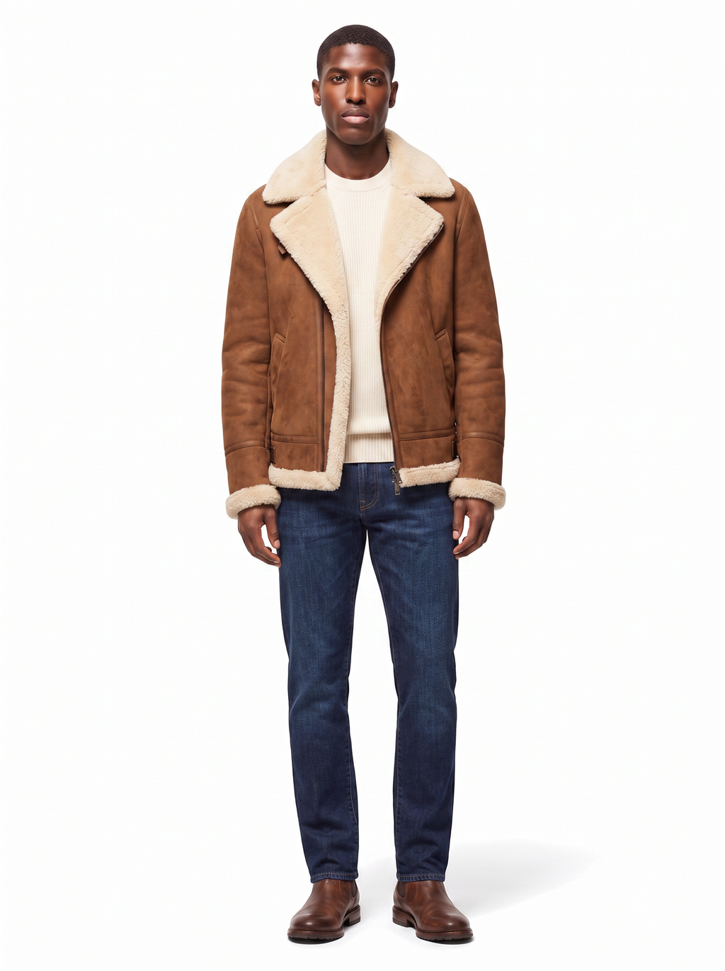 Brown suede-look aviator jacket with cream fleece collar, worn by model, full length