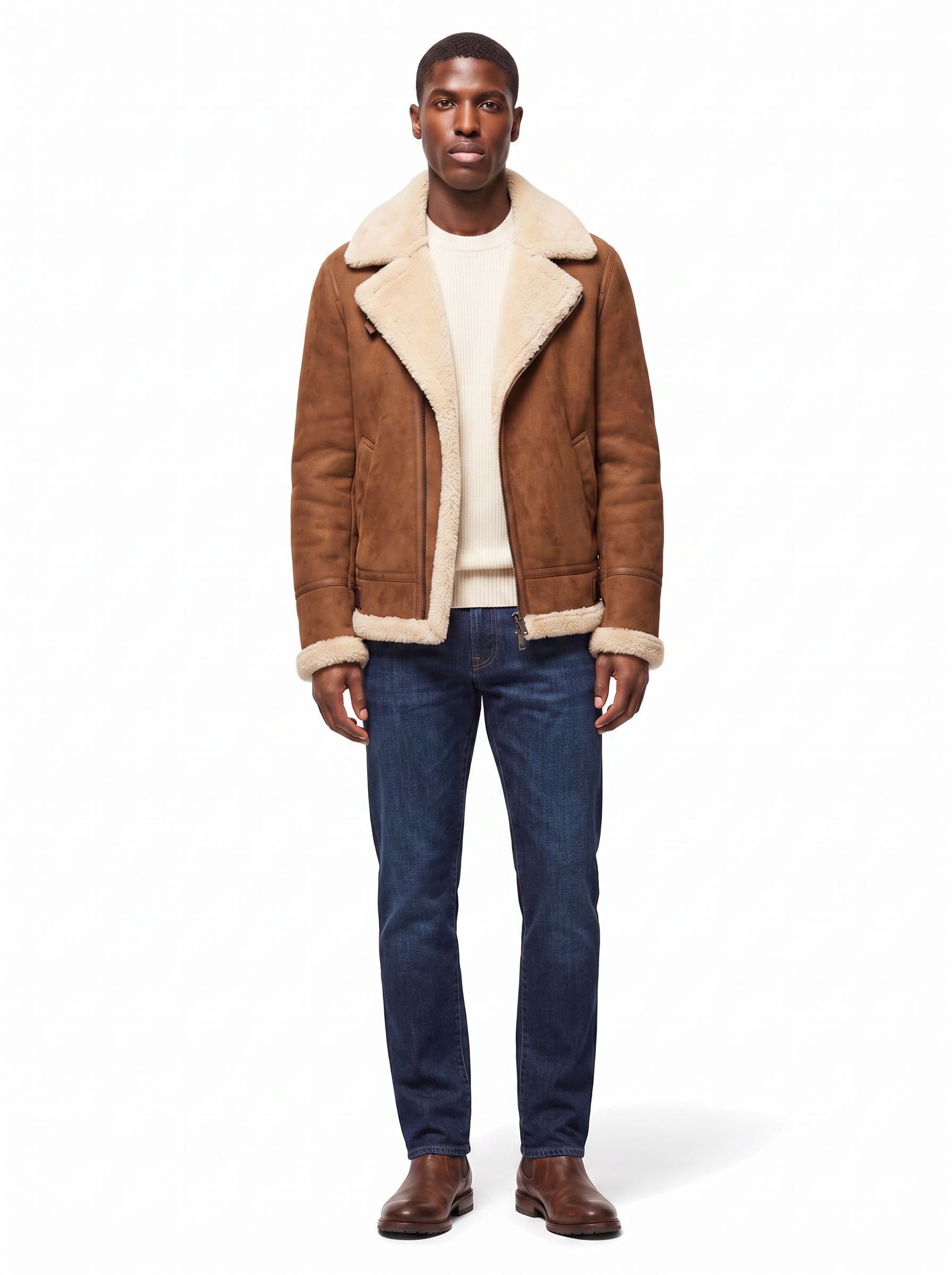 Brown suede-look aviator jacket with cream fleece collar, worn by model, full length