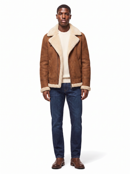 Brown suede-look aviator jacket with cream fleece collar, worn by model, full length