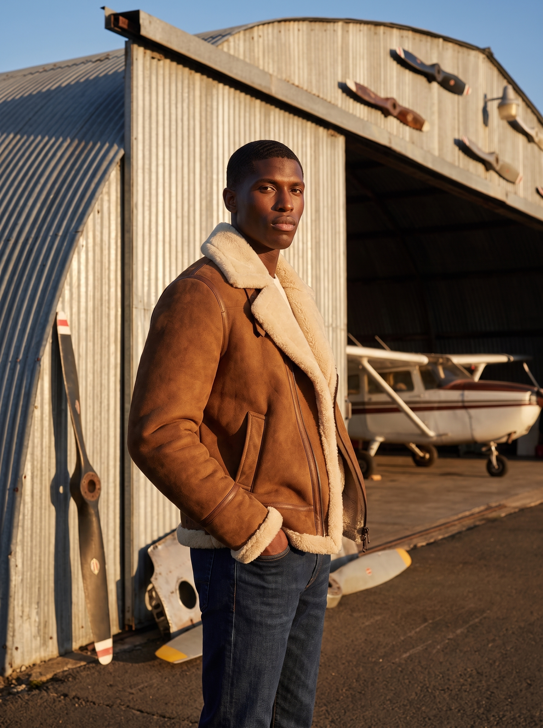 Model wearing brown aviator jacket outdoors at golden hour