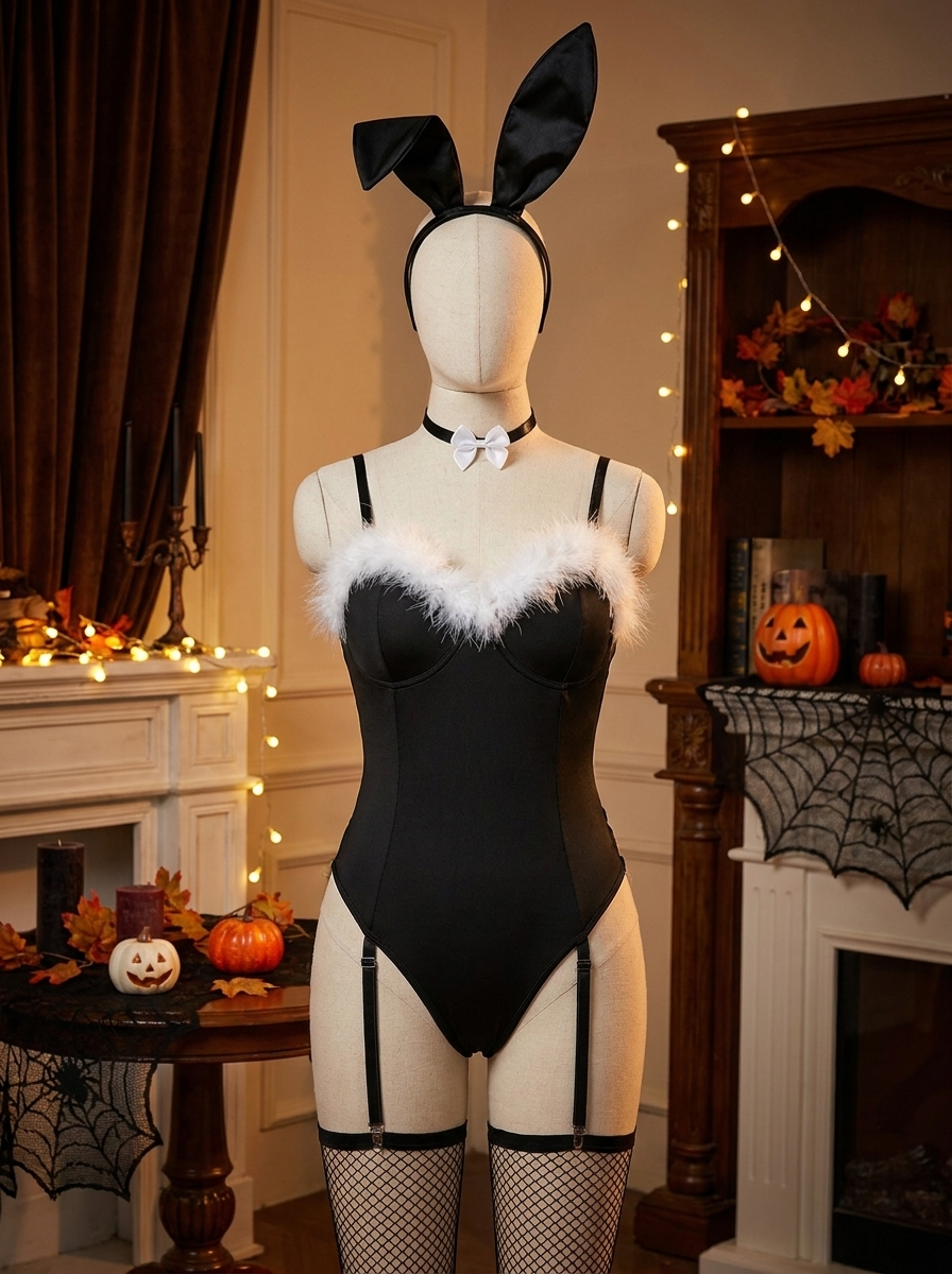Bunny cosplay bodysuit set displayed on a dress form