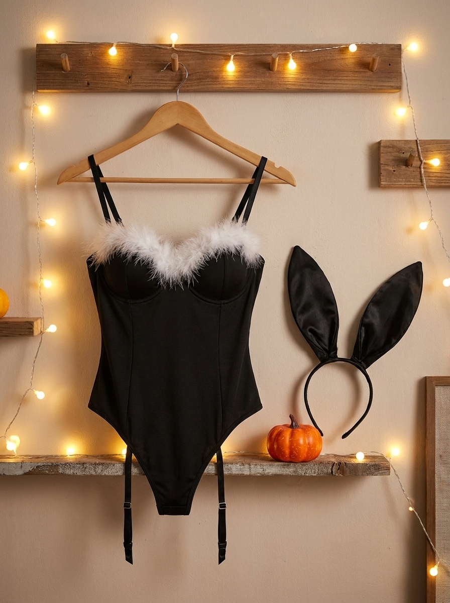 Bunny cosplay bodysuit set on a boutique hanger