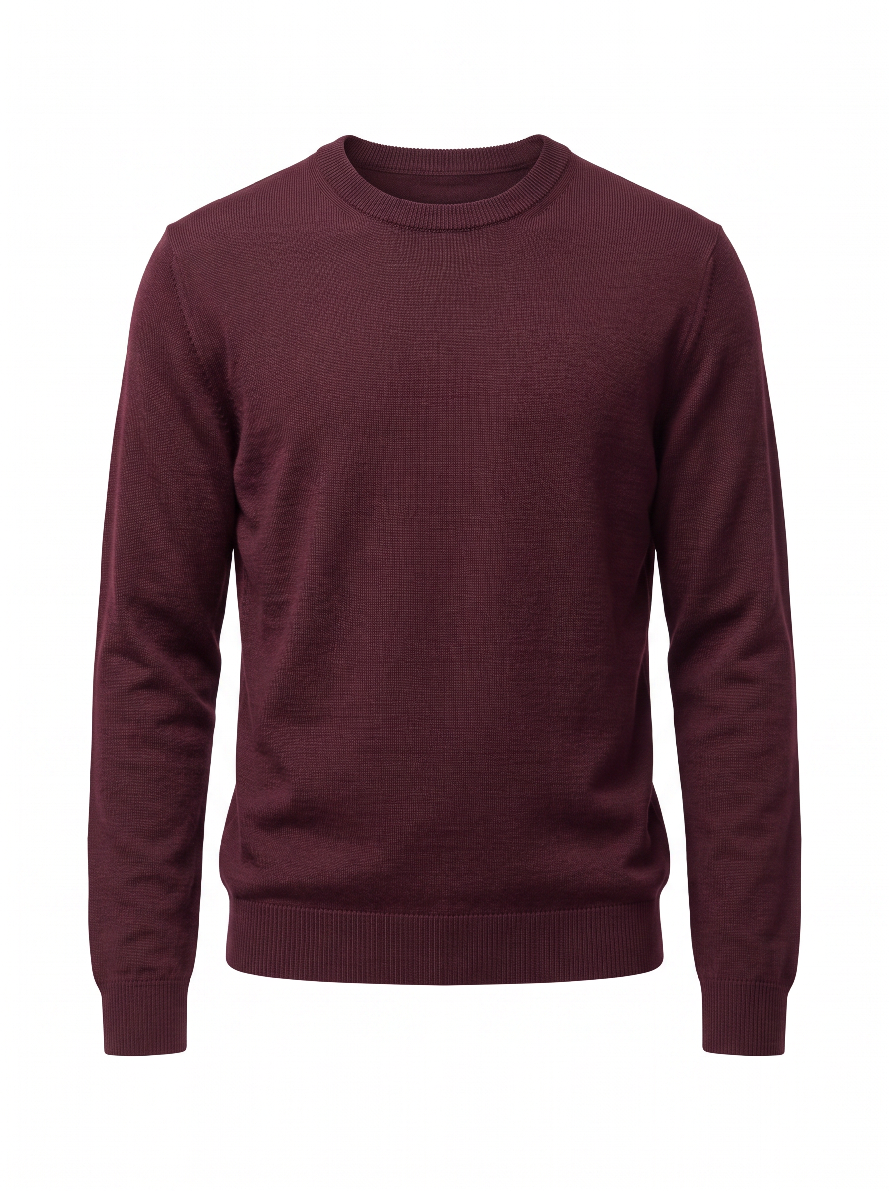 Burgundy crew neck sweater product shot on white background
