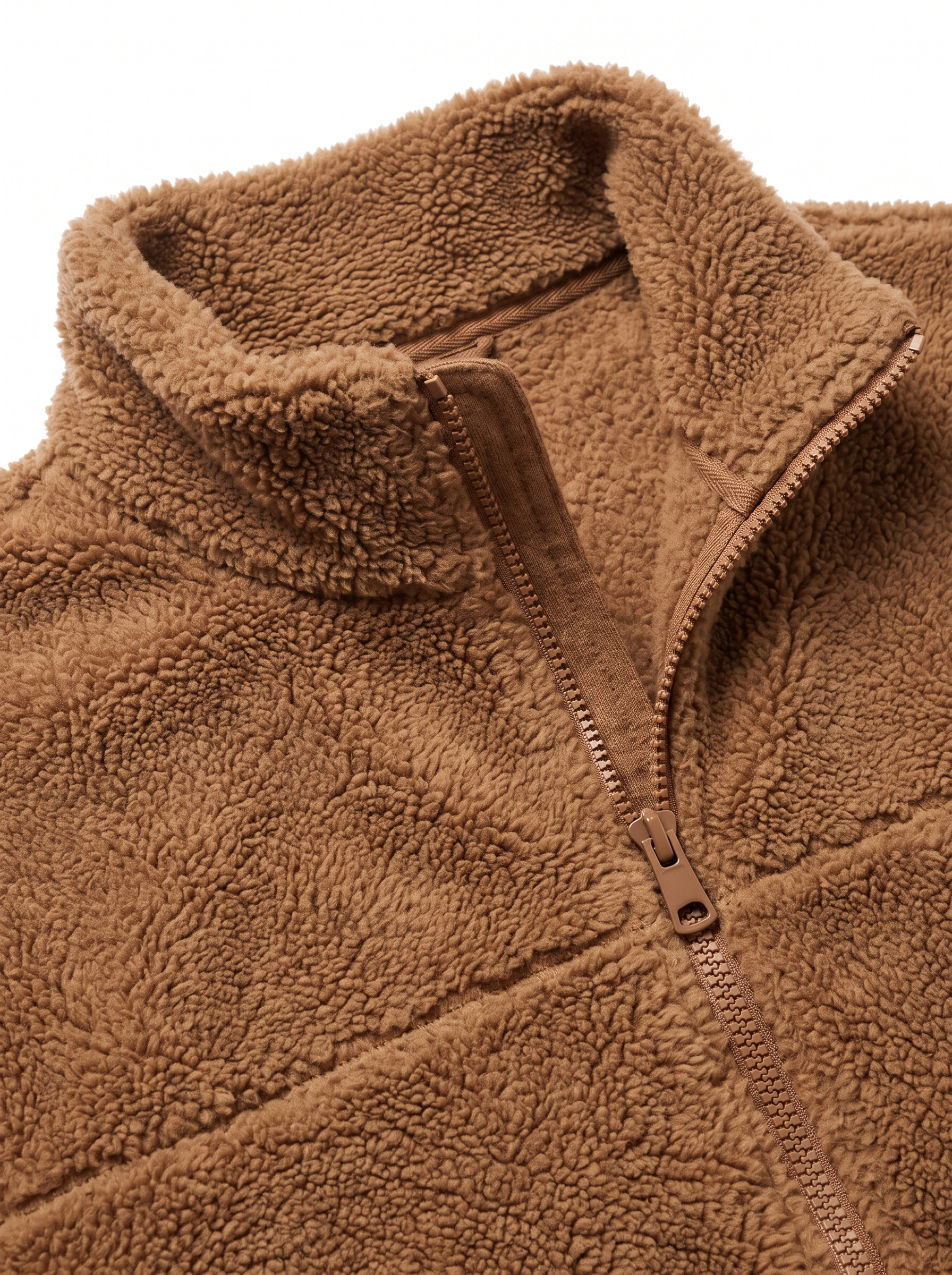 Sherpa fleece jacket zip and stand collar close up detail