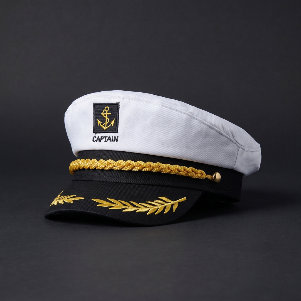 Sailor captain costume hat with classic nautical styling and gold trim