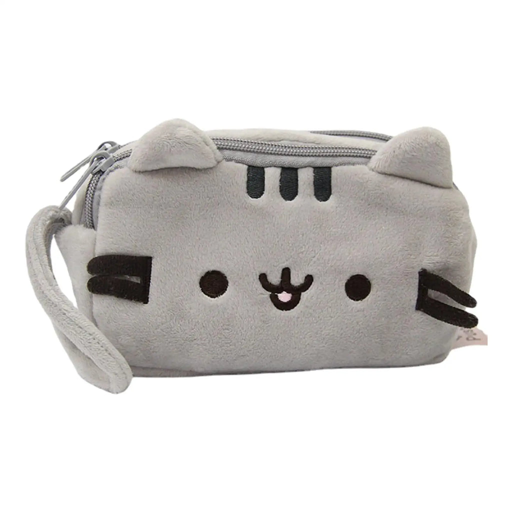 Cat plush pencil case with large zipper, front view