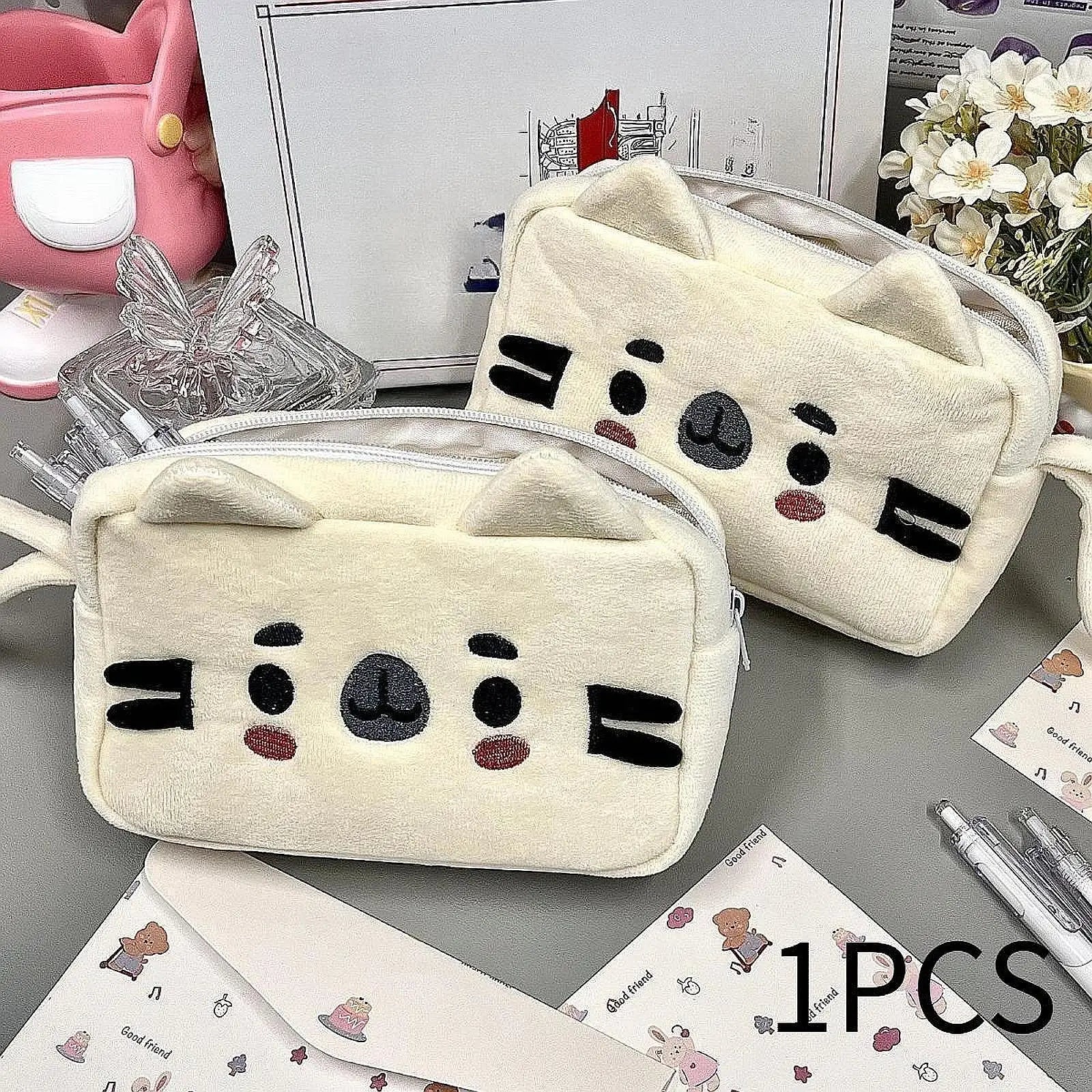 Close up of plush texture on cat pencil case