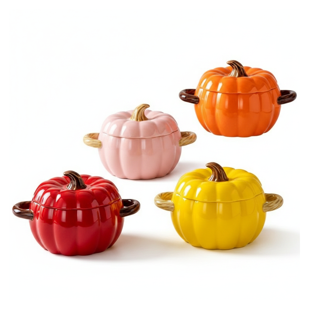 Ceramic pumpkin dutch oven pot set with lids on a white background
