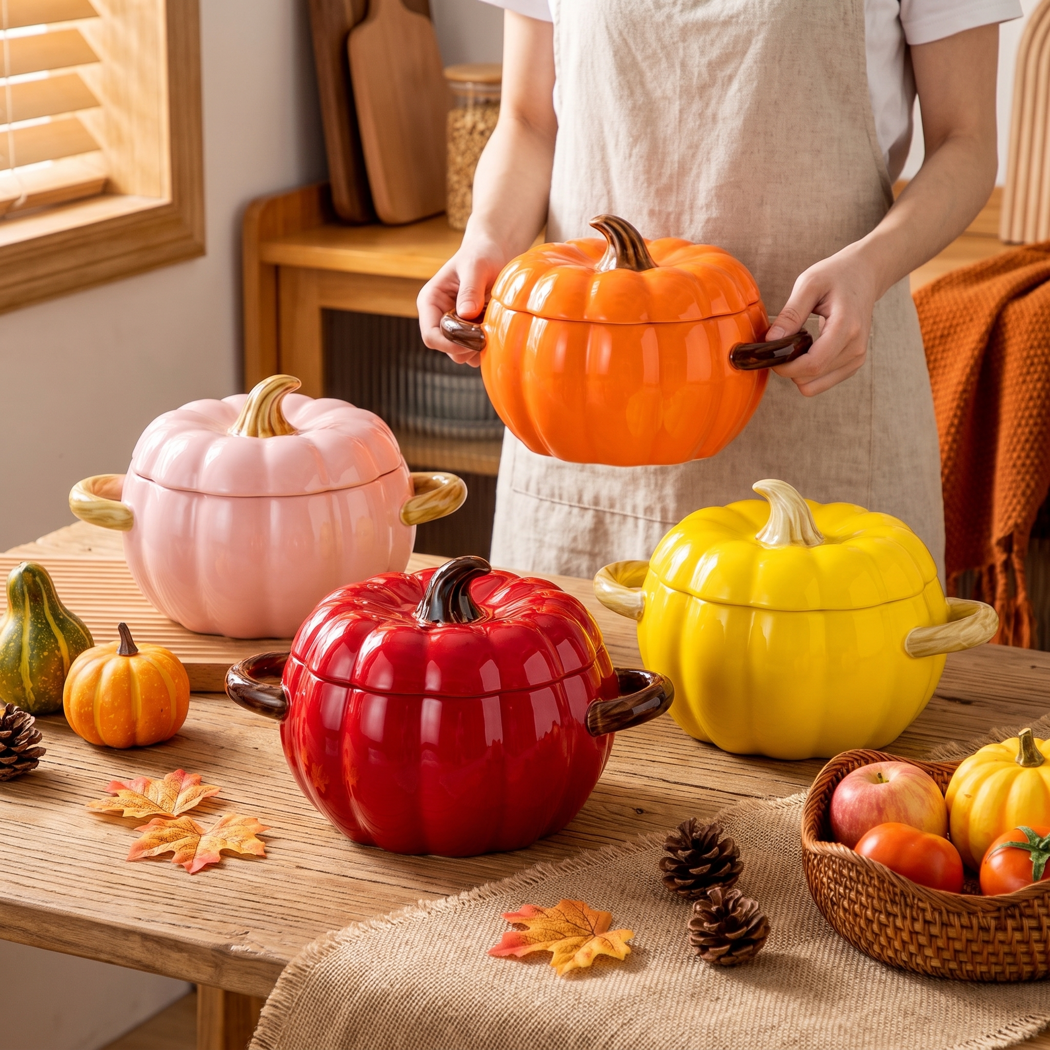 Ceramic pumpkin pots on a cozy fall kitchen table