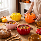 Ceramic pumpkin pots serving a warm fall meal