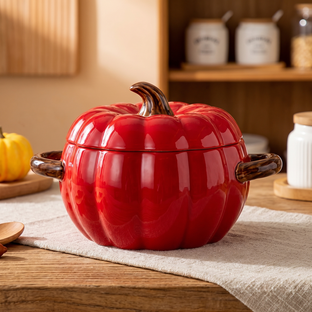 Close up of the pumpkin shaped ceramic pot and lid