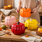 Ceramic pumpkin pots on a rustic kitchen counter with fall accents