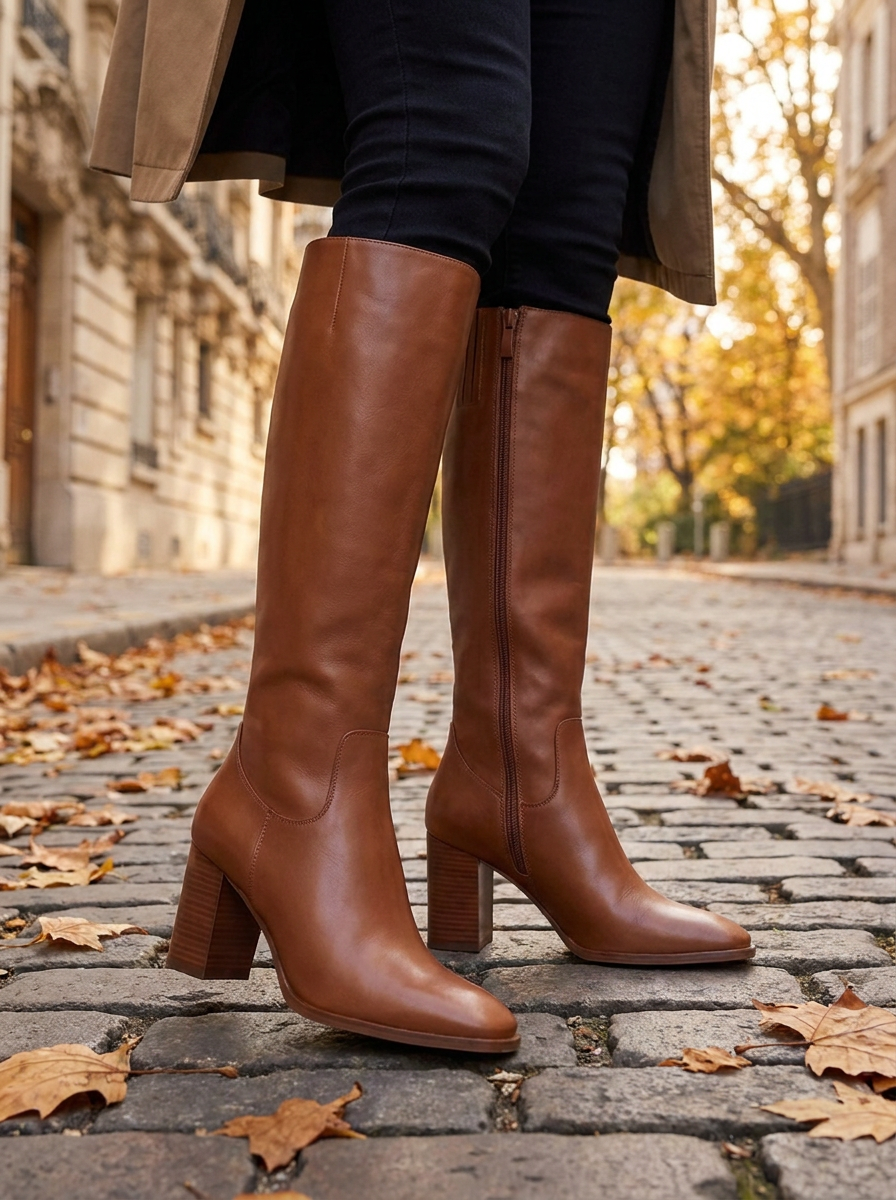 Chestnut brown knee-high block heel riding boots worn on a cobblestone street