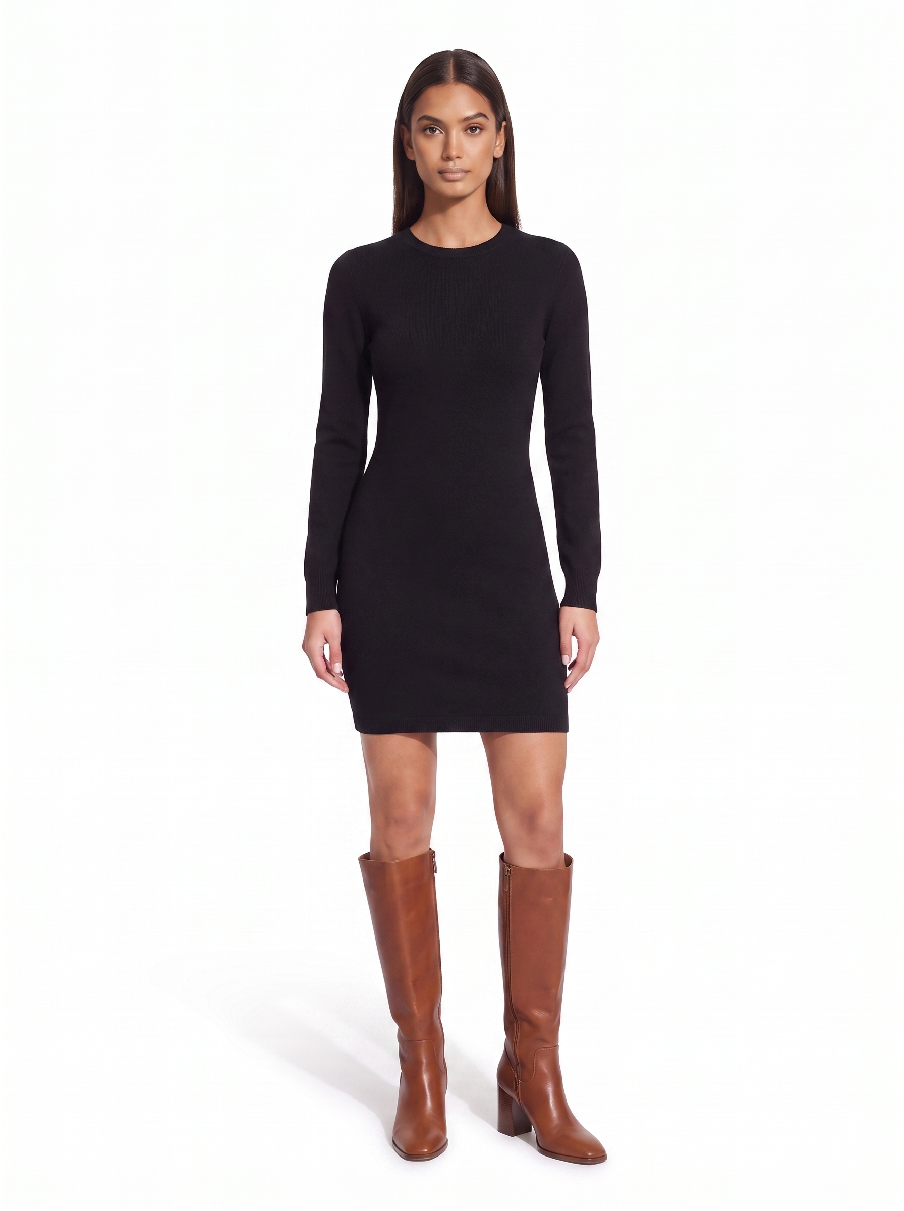 Chestnut brown knee-high riding boots worn by model, front view on white