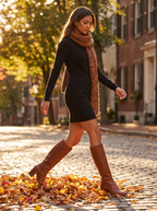 Model wearing chestnut riding boots on a cobblestone street in autumn