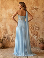 Chiffon A-line prom dress lace applique detail