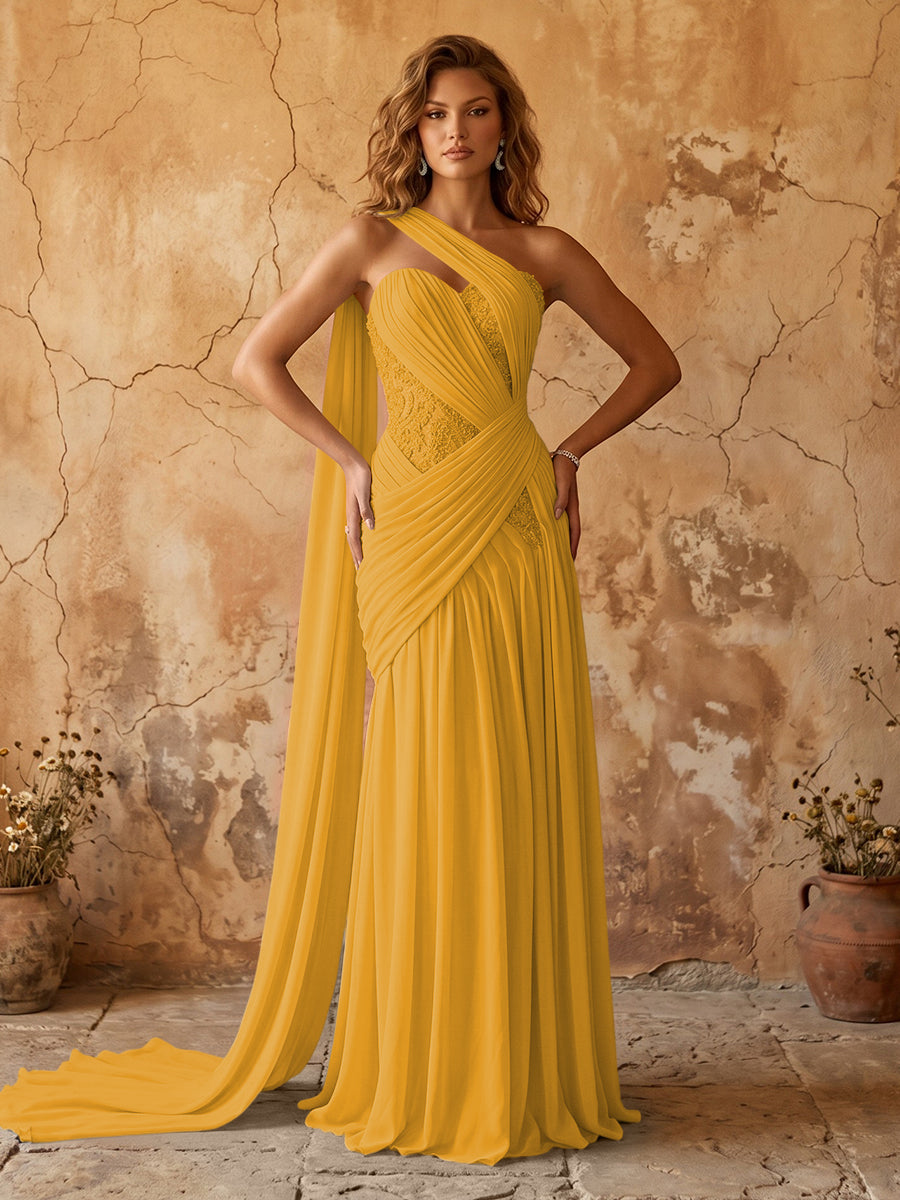 Chiffon A-line prom dress in mustard yellow