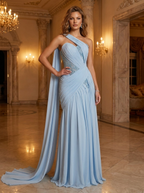 Pale blue floor-length chiffon one-shoulder gown worn in a marble foyer