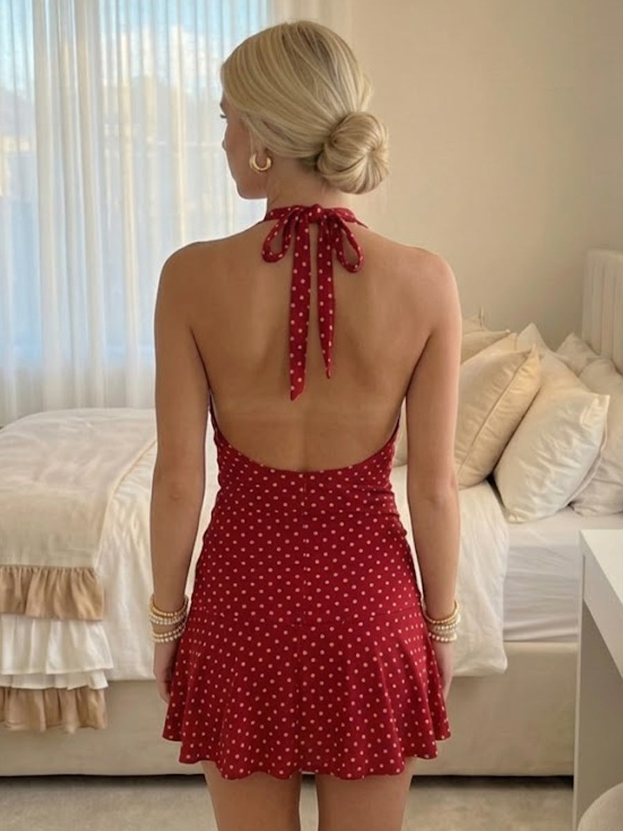 Chiffon halter neck short mermaid cocktail dress, detail view