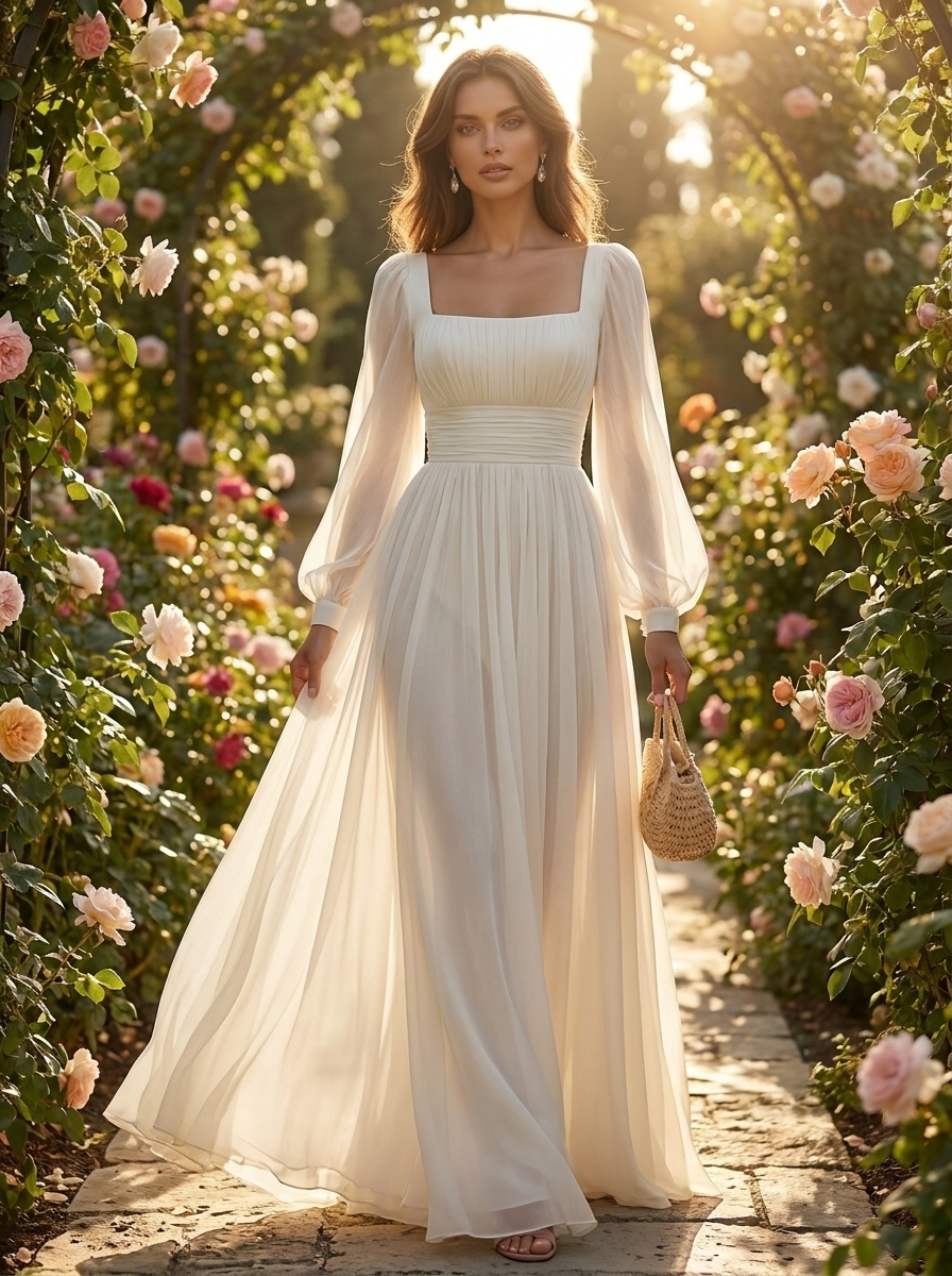 White long sleeve square neck chiffon maxi dress worn in a rose garden