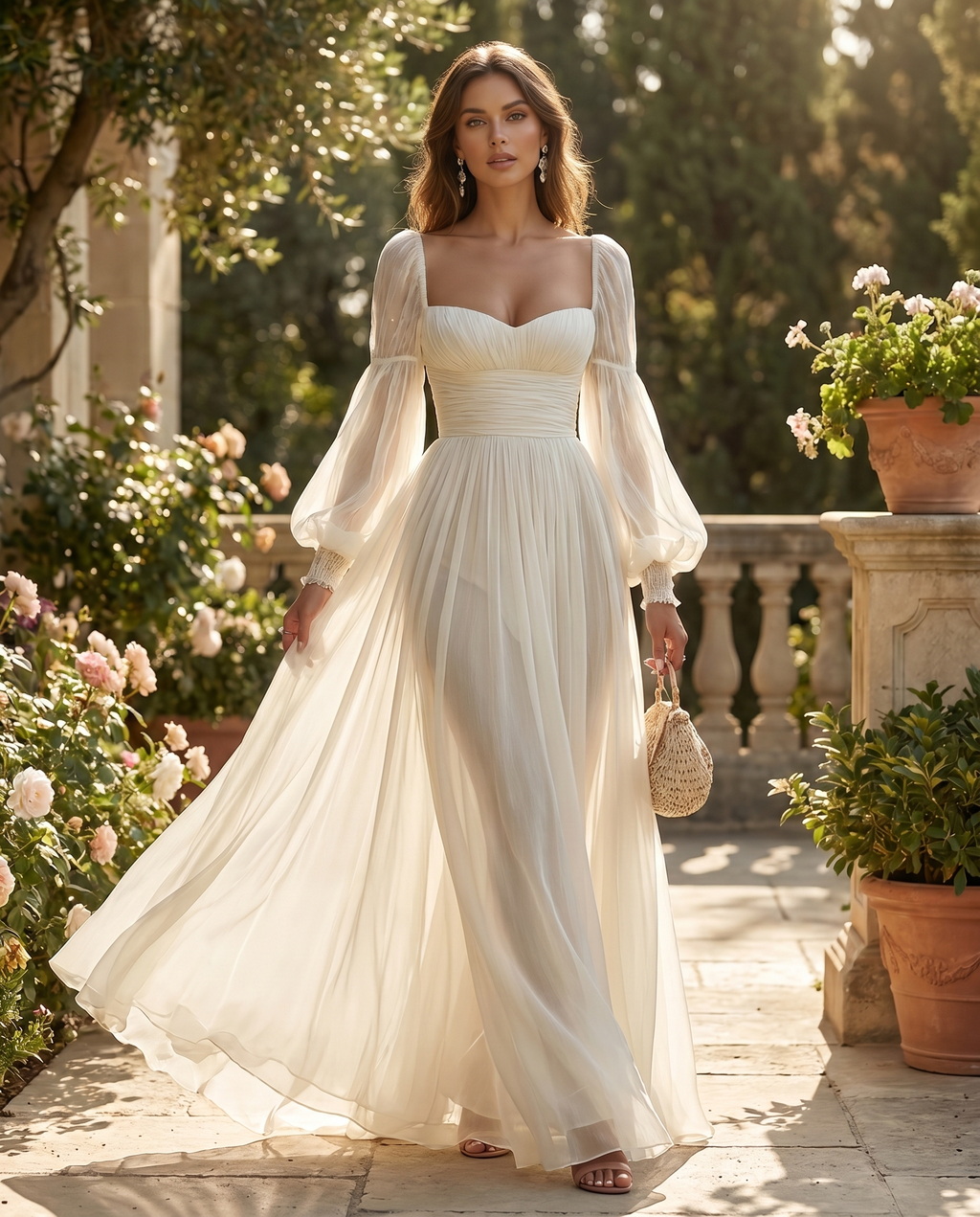 Chiffon long sleeve maxi dress with square neckline, front view
