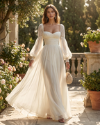 Chiffon long sleeve maxi dress with square neckline, front view