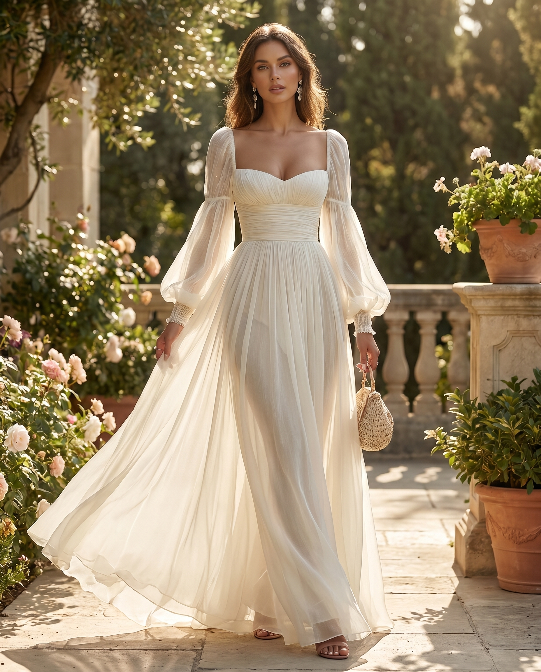 Chiffon long sleeve maxi dress with square neckline, front view