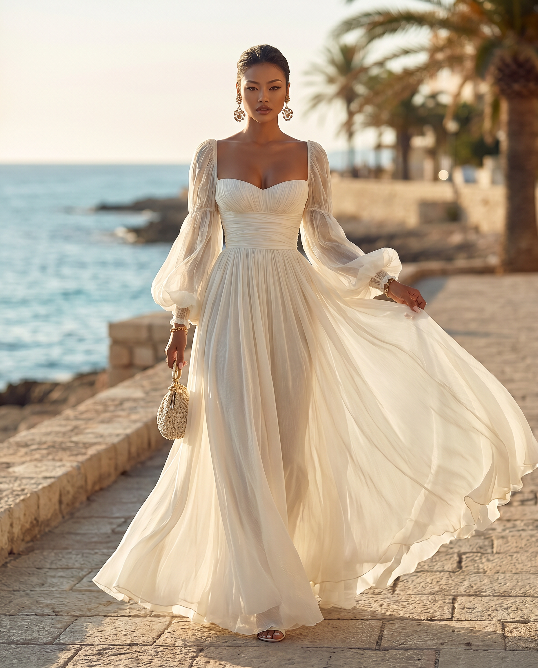 Chiffon long sleeve maxi dress, side view