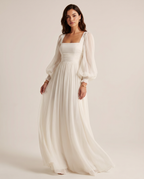 Chiffon long sleeve maxi dress square neckline detail