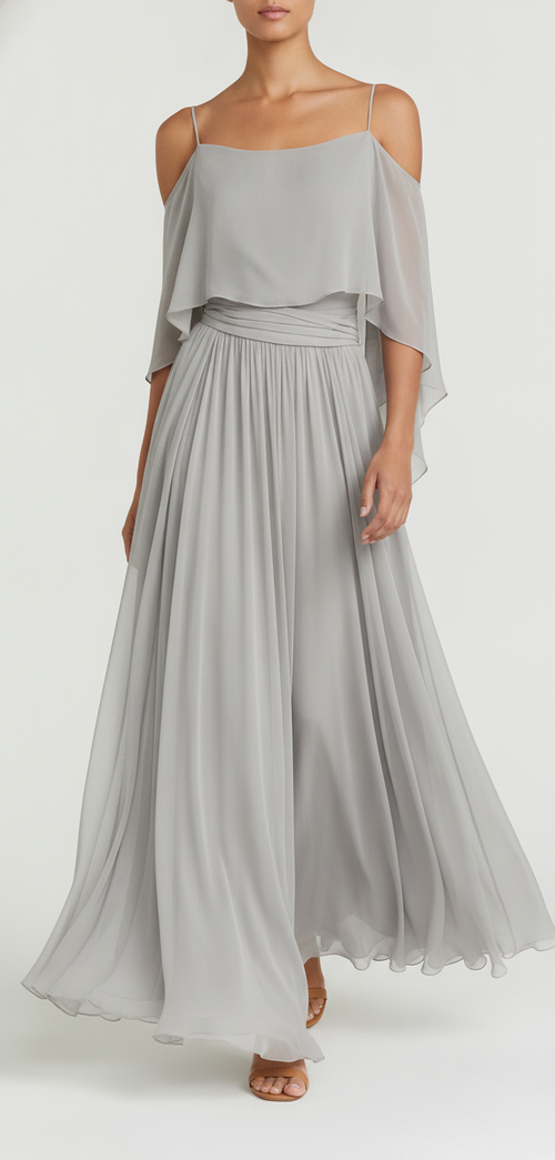Chiffon two piece set with cold shoulder top and flared bottom, front view