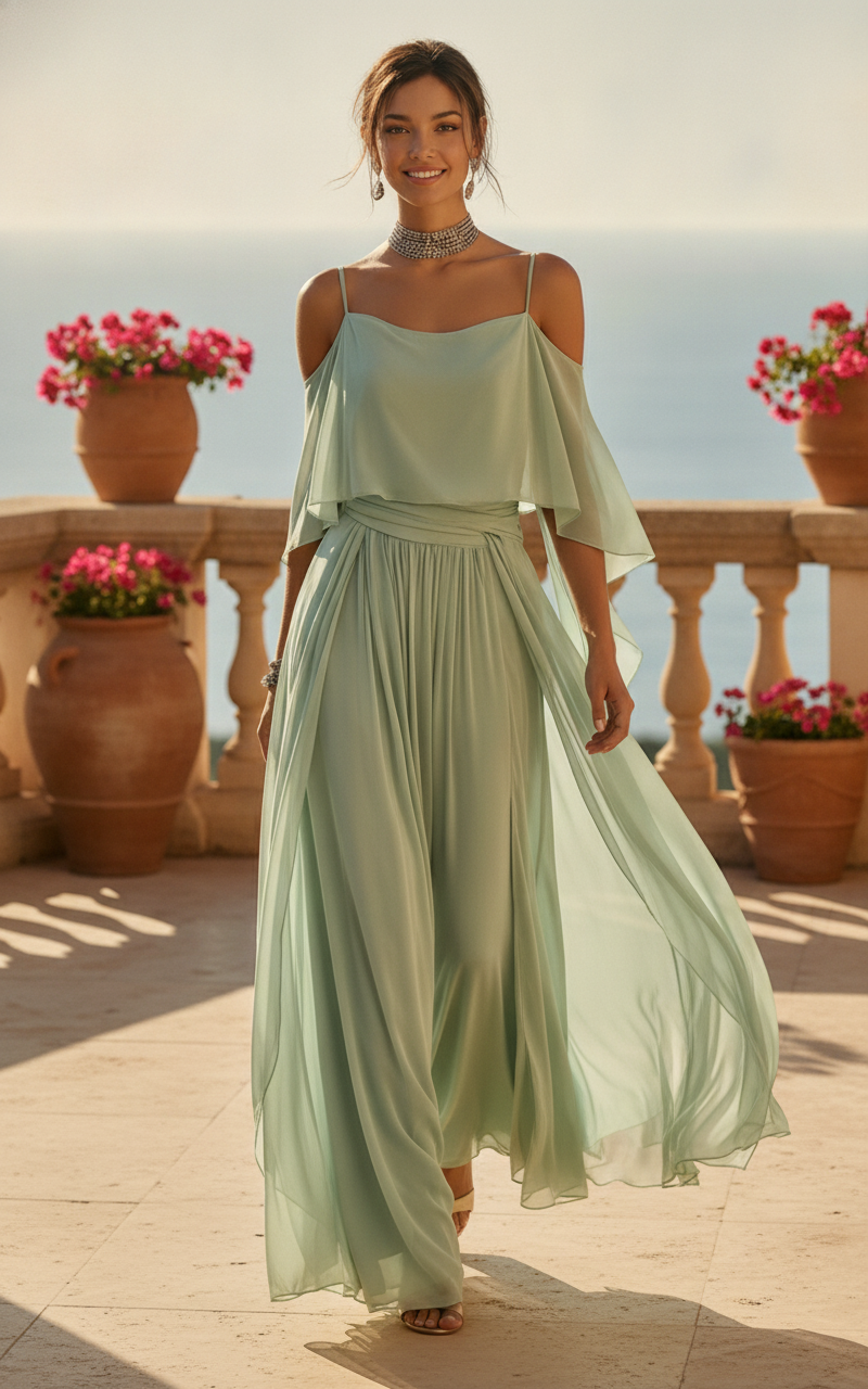 Cold shoulder two piece set styled with heels