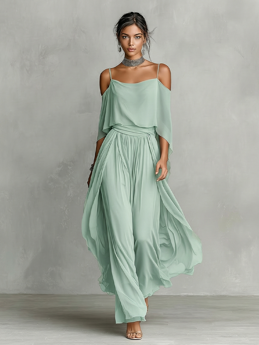 Chiffon cold shoulder two piece set, side view