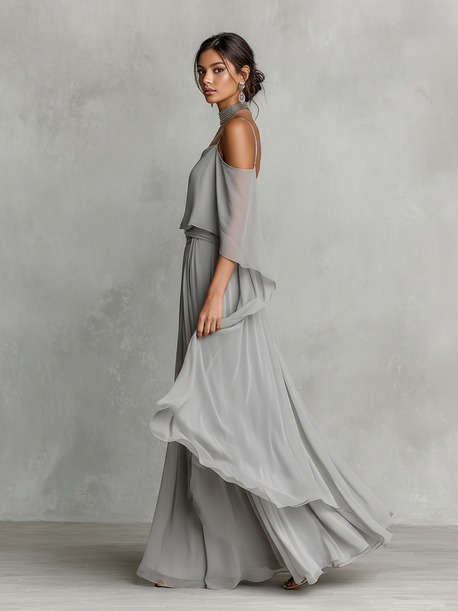 Cold shoulder top detail of chiffon two piece set