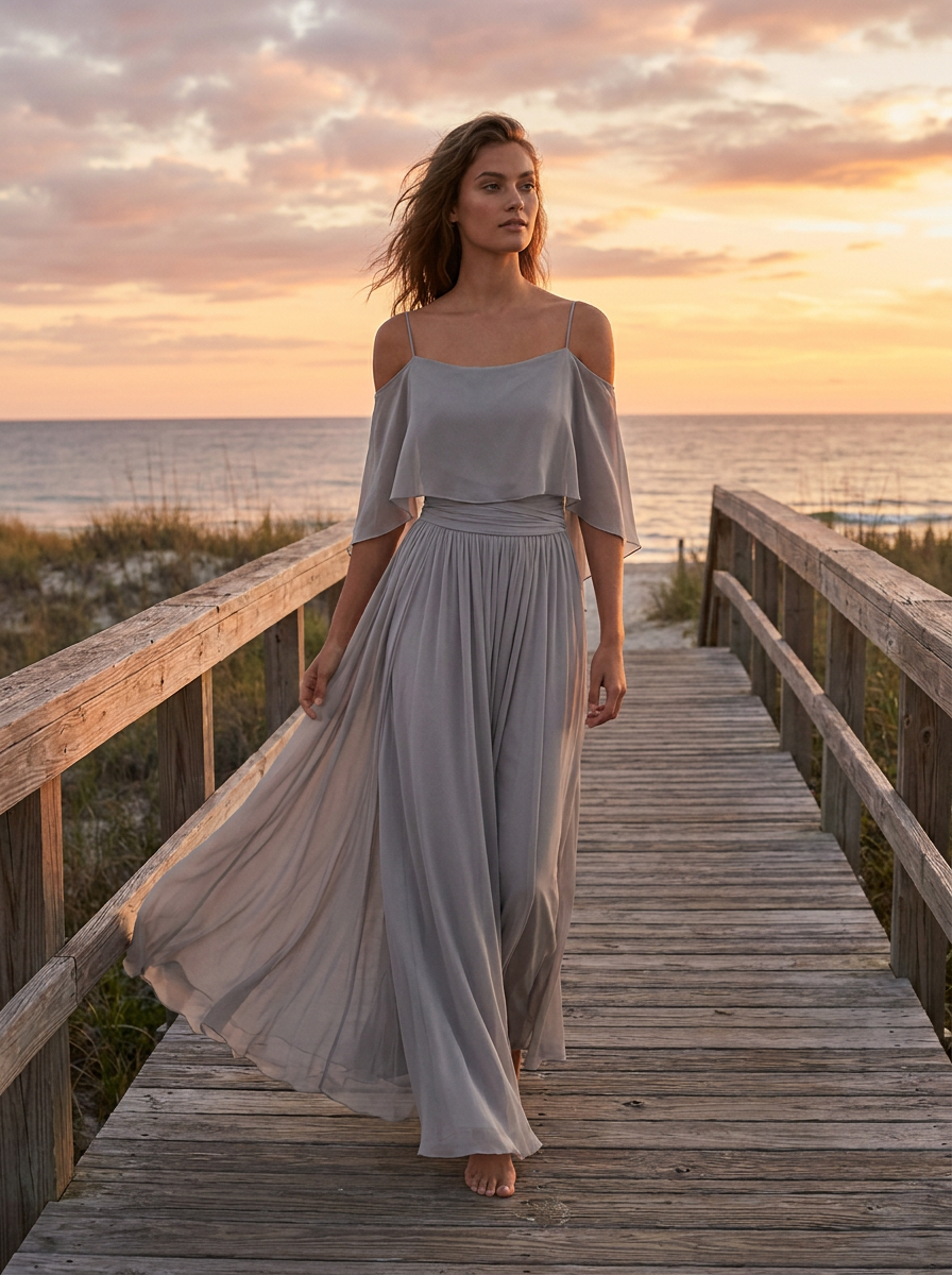 Grey chiffon cold-shoulder top and flared bottom two-piece set worn on a boardwalk