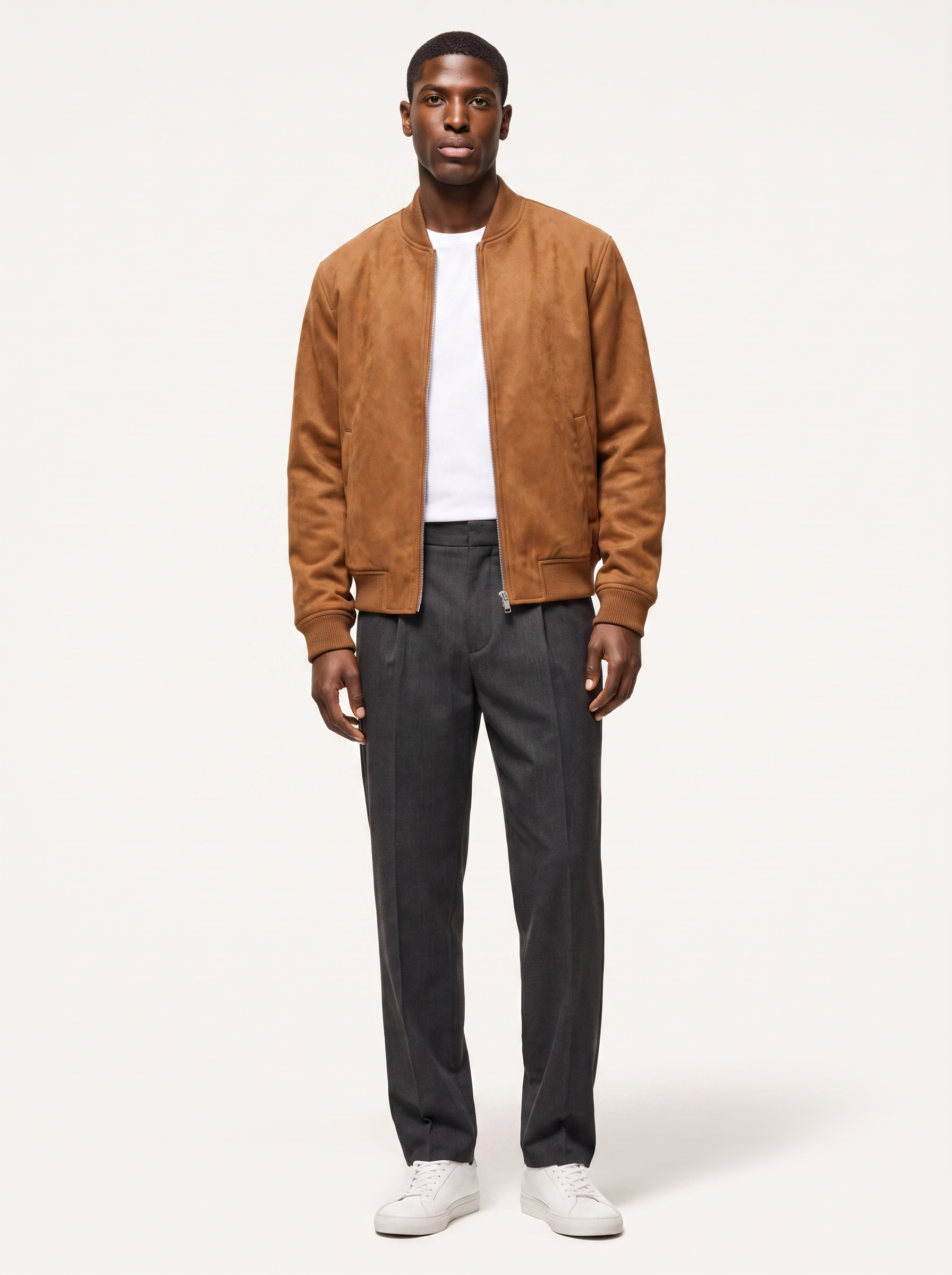 Cognac faux suede bomber jacket with ribbed collar, front view on model