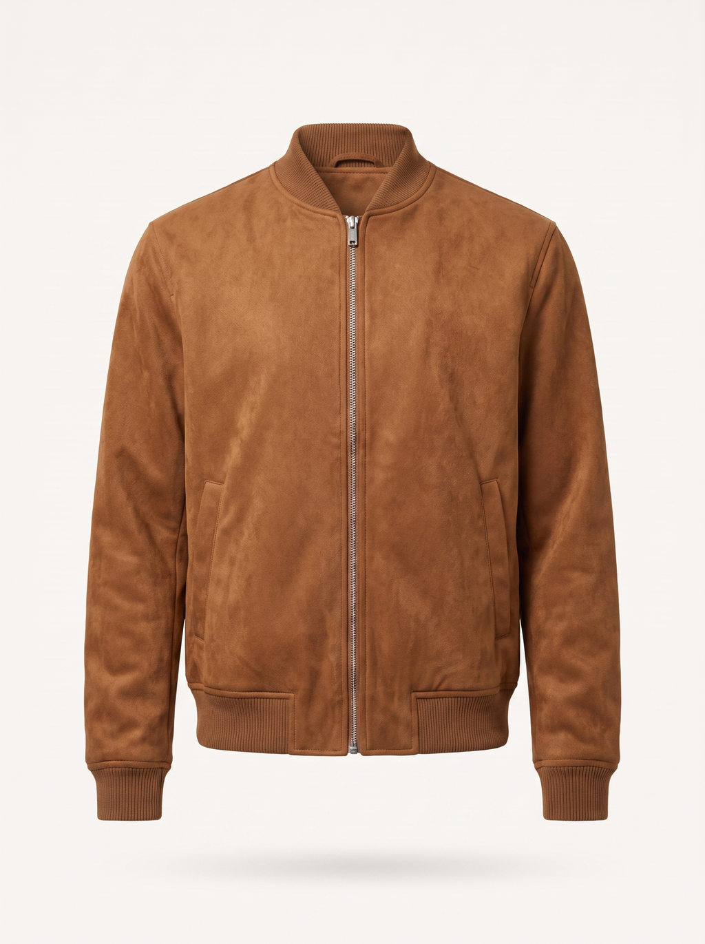 Cognac faux suede bomber jacket, product shot on white background