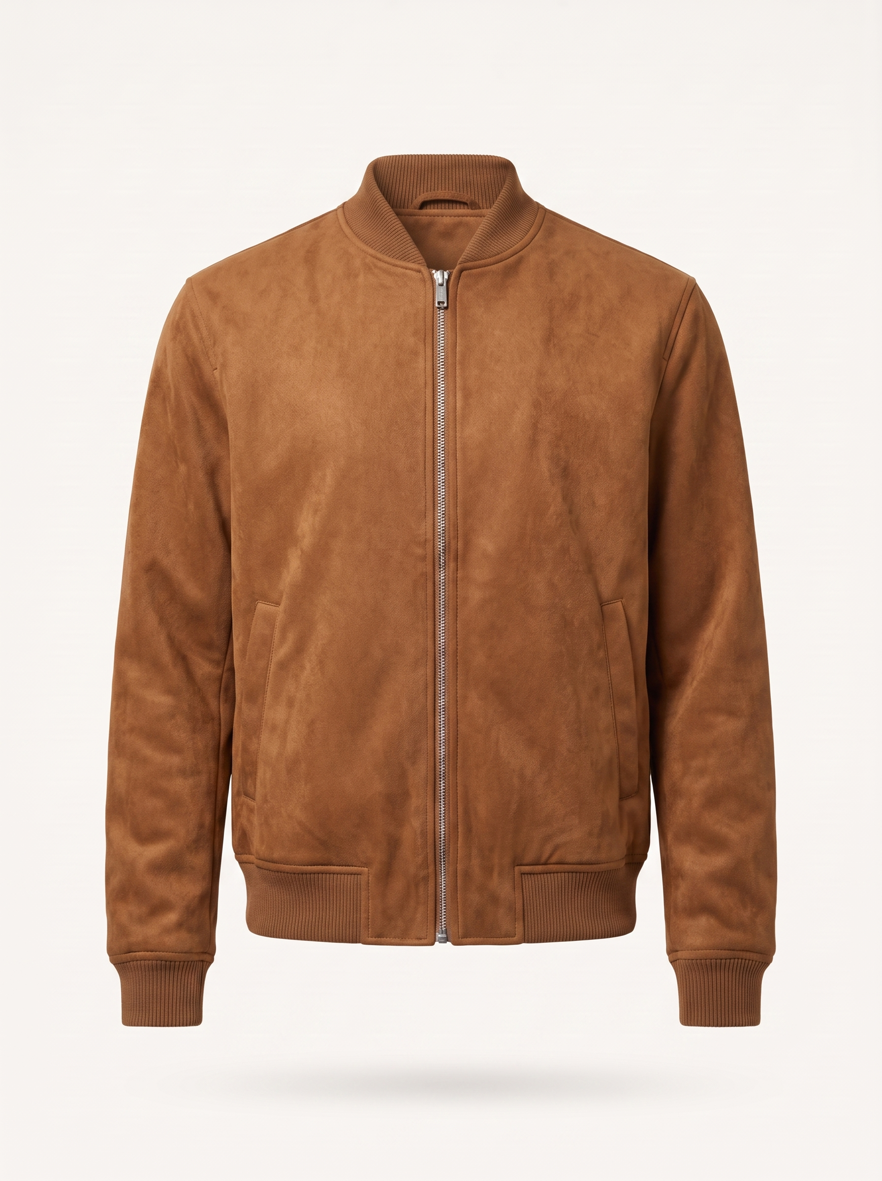 Cognac faux suede bomber jacket, product shot on white background