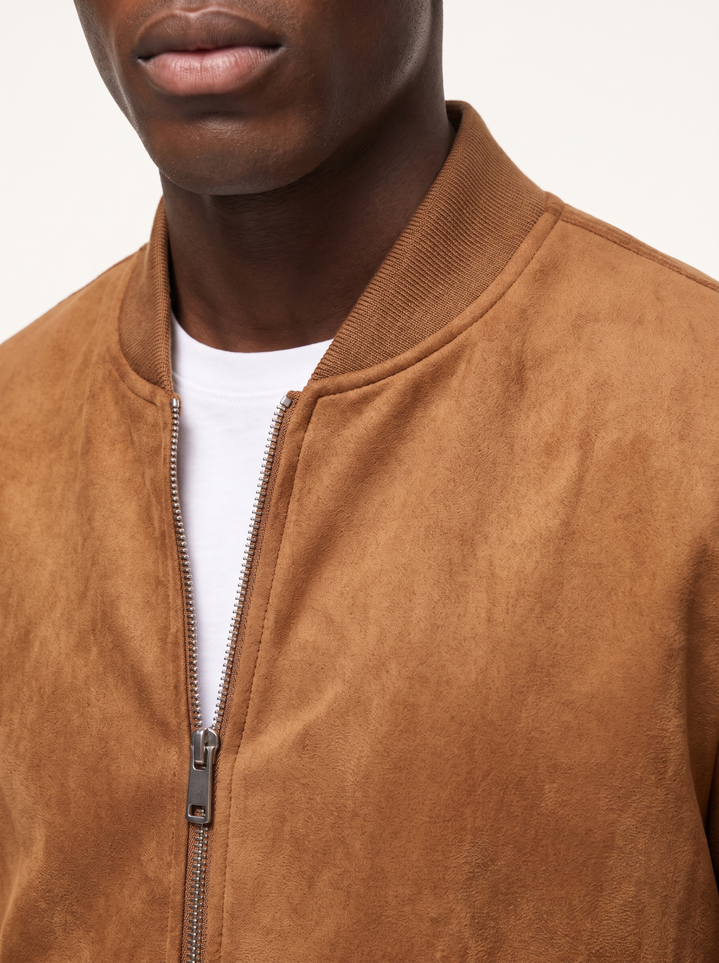Ribbed knit collar and zipper close-up detail