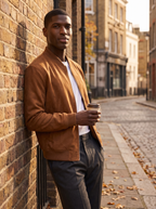 Cognac faux suede bomber jacket worn on a city street