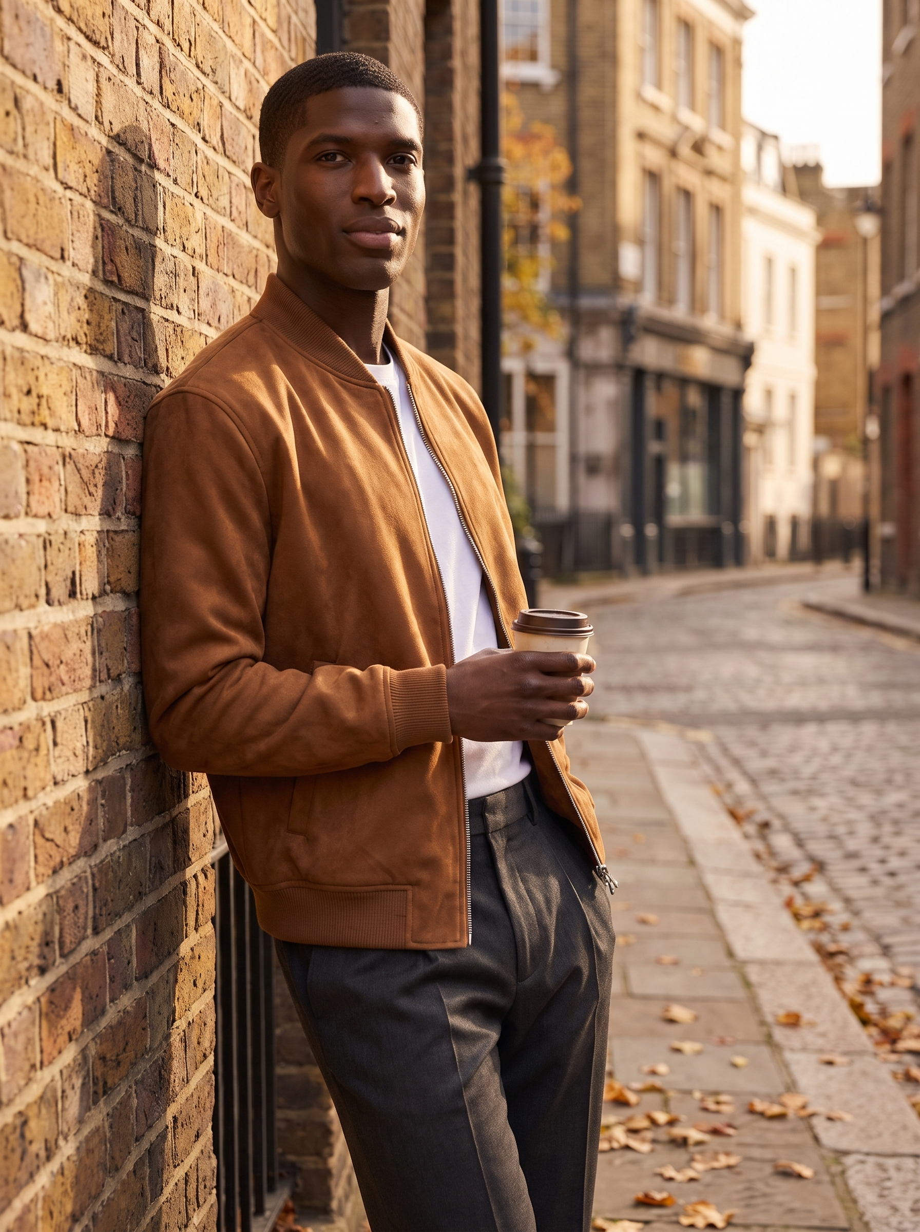 Cognac faux suede bomber jacket worn on a city street