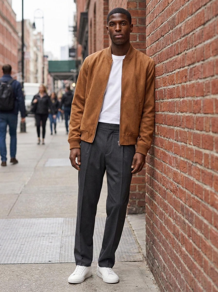 Cognac faux suede bomber jacket with ribbed trim worn on a city sidewalk