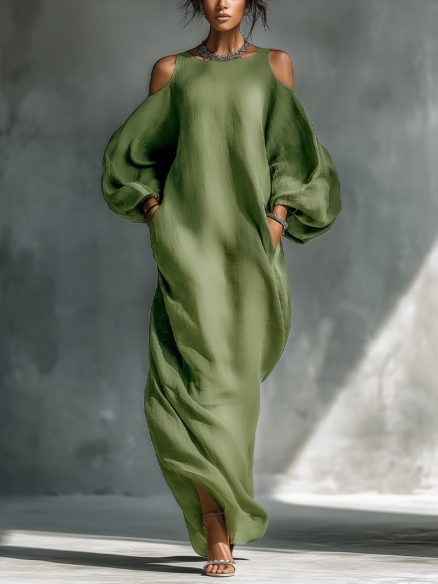 Cold-shoulder long sleeve maxi dress in light green, front view